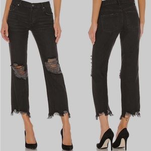 New Black We The Free People Maggie Mid Rise Straight Jeans Washed Black Button